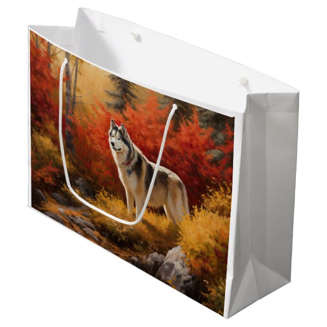 Alaskan Malamute  in Autumn Leaves Fall Inspired  Large Gift Bag (Front Angled)