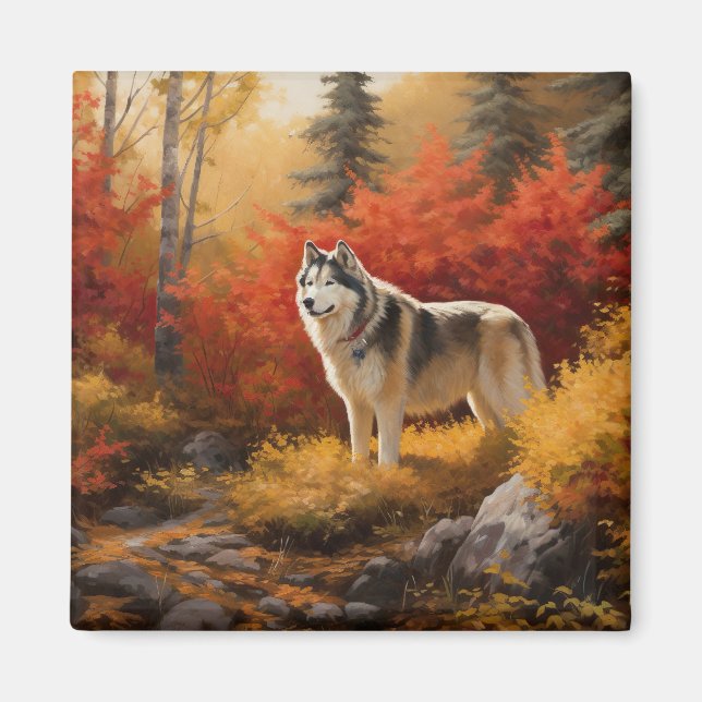 Alaskan Malamute  in Autumn Leaves Fall Inspired  Magnet (Front)