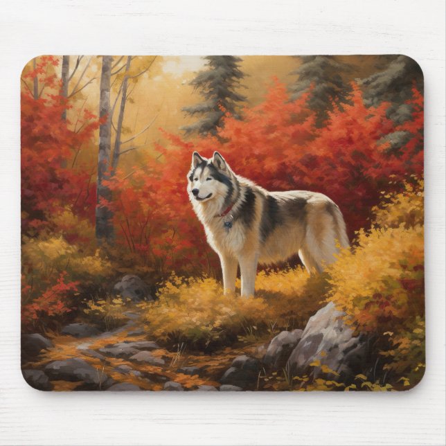 Alaskan Malamute  in Autumn Leaves Fall Inspired  Mouse Mat (Front)