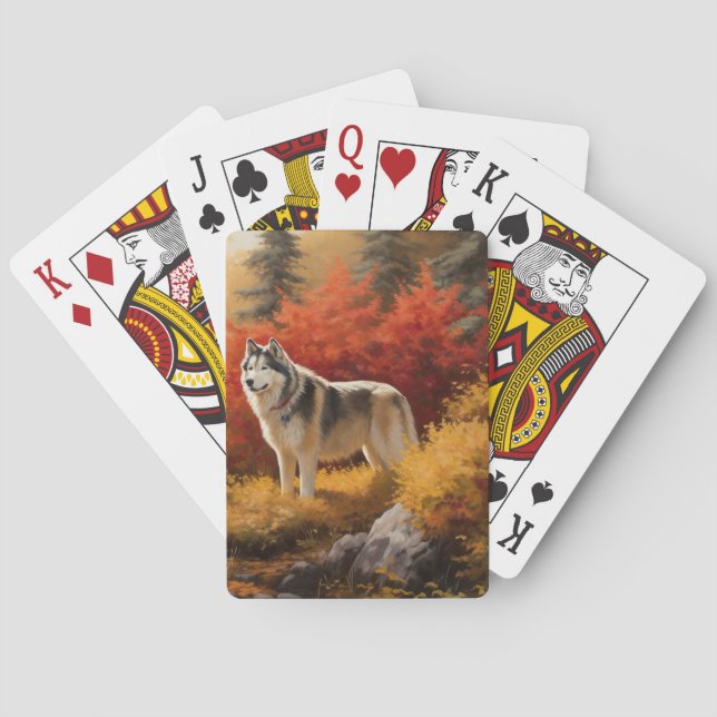 Alaskan Malamute  in Autumn Leaves Fall Inspired  Playing Cards (Back)