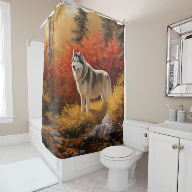 Alaskan Malamute  in Autumn Leaves Fall Inspired  Shower Curtain (In Situ)