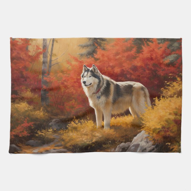 Alaskan Malamute  in Autumn Leaves Fall Inspired  Tea Towel (Horizontal)