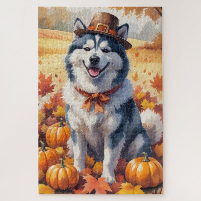 Alaskan Malamute in Autumn Leaves Thanksgiving Art Jigsaw Puzzle (Vertical)