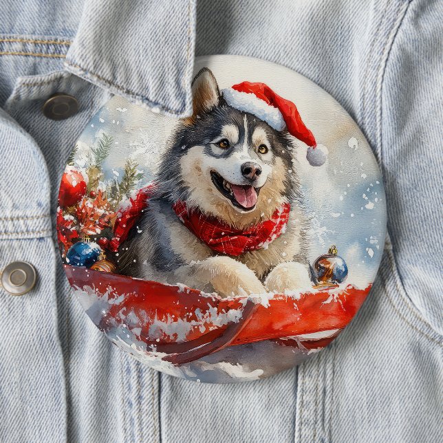 Alaskan Malamute in Sledge Let it Snow Christmas 6 Cm Round Badge (In Situ)
