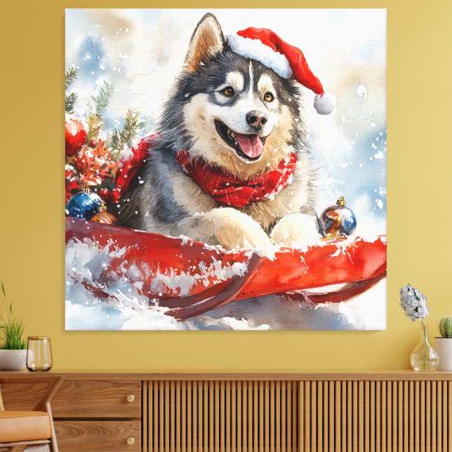 Alaskan Malamute in Sledge Let it Snow Christmas Canvas Print (Insitu(LivingRoom))