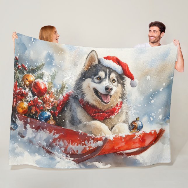 Alaskan Malamute in Sledge Let it Snow Christmas Fleece Blanket (In Situ)