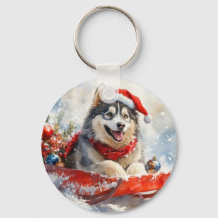 Alaskan Malamute in Sledge Let it Snow Christmas Key Ring