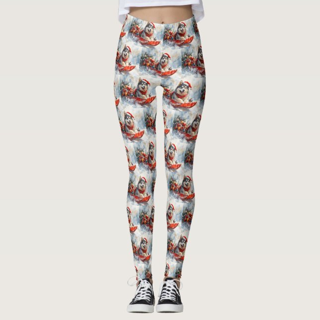 Alaskan Malamute in Sledge Let it Snow Christmas Leggings (Front)