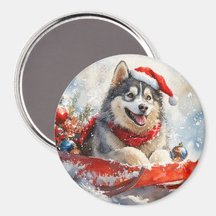 Alaskan Malamute in Sledge Let it Snow Christmas Magnet