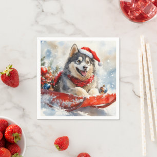 Alaskan Malamute in Sledge Let it Snow Christmas Napkin