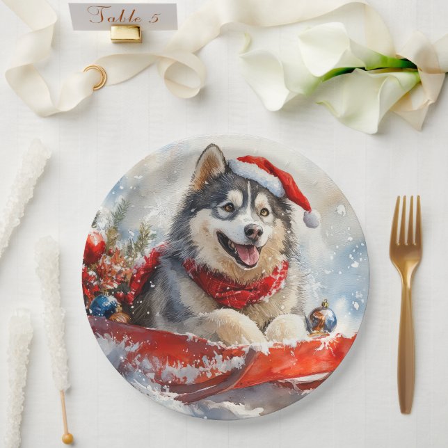 Alaskan Malamute in Sledge Let it Snow Christmas Paper Plate (Wedding)