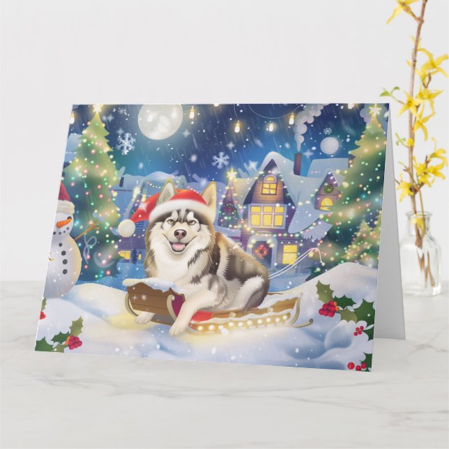 Alaskan Malamute in Sleigh Snow Christmas Card (Yellow Flower)