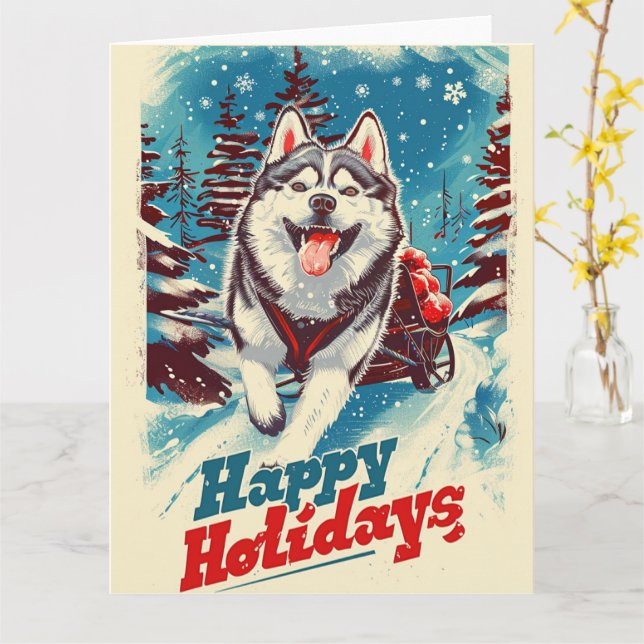 Alaskan Malamute in Snow Christmas Card (Yellow Flower)