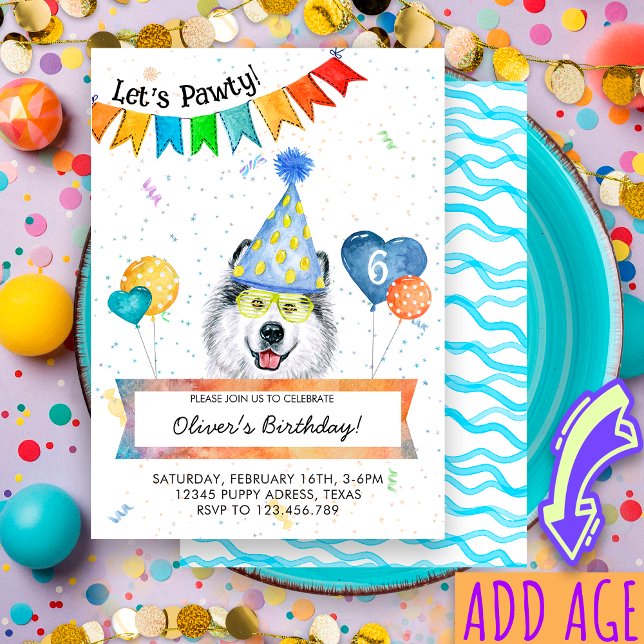 Alaskan Malamute Lets Pawty Dog Birthday Party Invitation (Creator Uploaded)