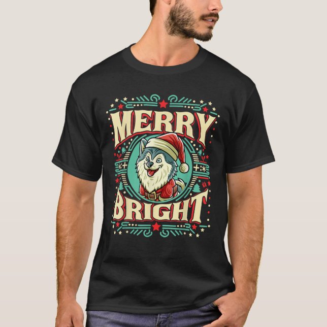 Alaskan Malamute Merry Bright Christmas Santa Clau T-Shirt (Front)