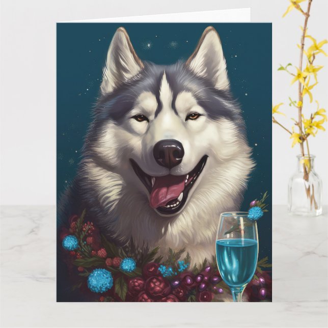 Alaskan Malamute New Year Card (Yellow Flower)