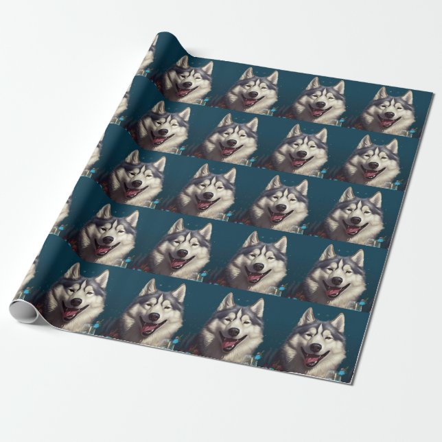 Alaskan Malamute New Year Wrapping Paper (Unrolled)