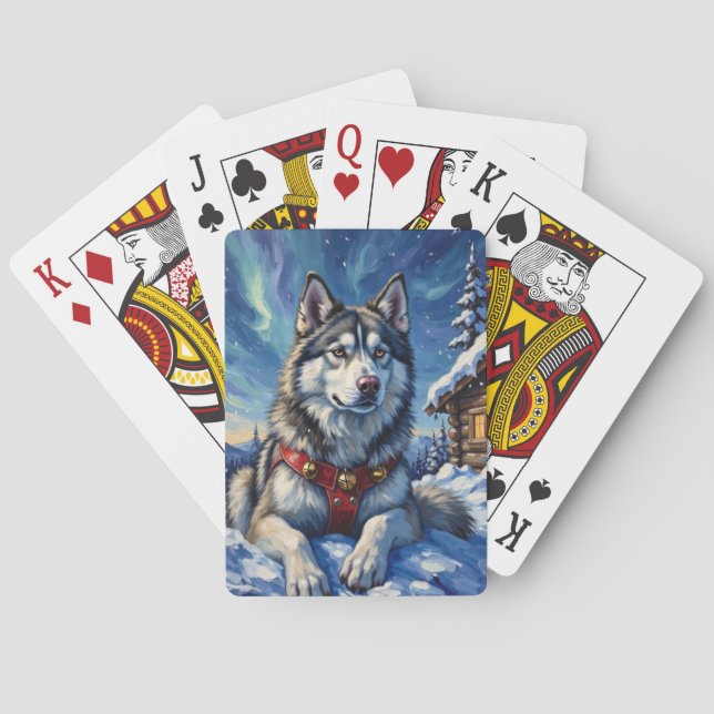 Alaskan Malamute North Pole Winter Christmas Playing Cards (Back)