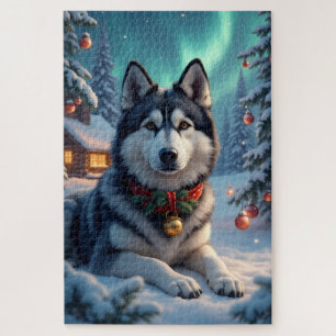 Alaskan Malamute Northern Lights Christmas Jigsaw Puzzle