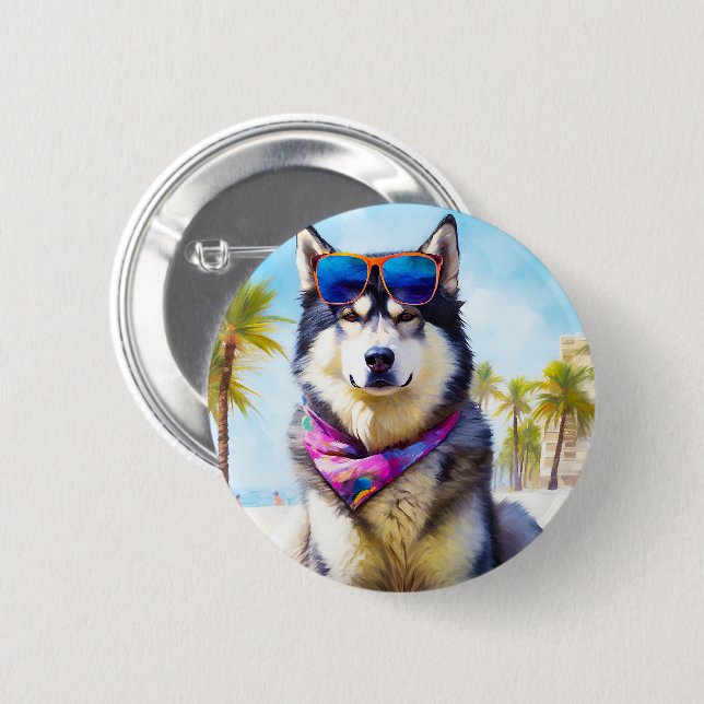 Alaskan Malamute on Beach, summer gift 6 Cm Round Badge (Front & Back)
