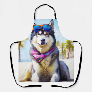 Alaskan Malamute on Beach, summer gift Apron