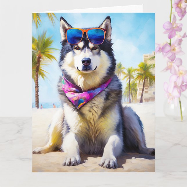 Alaskan Malamute on Beach, summer gift Card (Orchid)