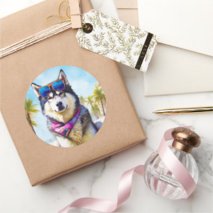 Alaskan Malamute on Beach, summer gift Classic Round Sticker