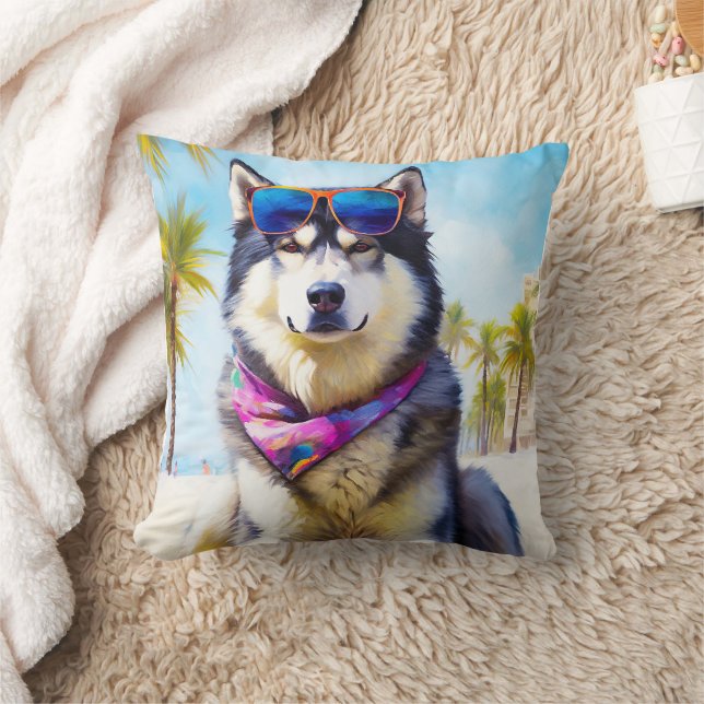 Alaskan Malamute on Beach, summer gift Cushion (Blanket)