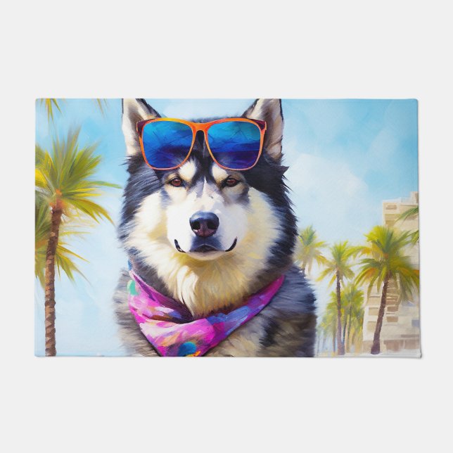 Alaskan Malamute on Beach, summer gift Doormat (Front)