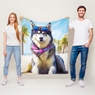 Alaskan Malamute on Beach, summer gift Fleece Blanket