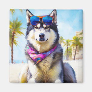 Alaskan Malamute on Beach, summer gift Magnet