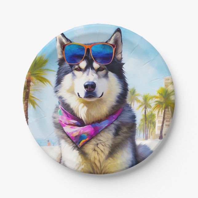 Alaskan Malamute on Beach, summer gift Paper Plate (Front)