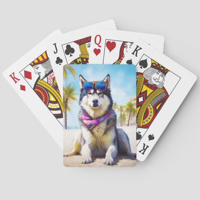 Alaskan Malamute on Beach, summer gift Playing Cards (Back)