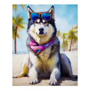 Alaskan Malamute on Beach, summer gift Poster