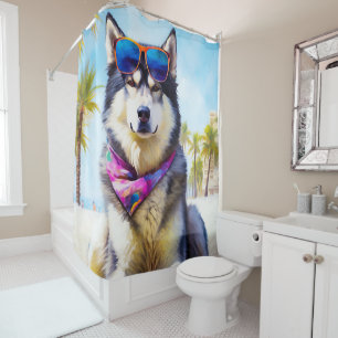 Alaskan Malamute on Beach, summer gift Shower Curtain