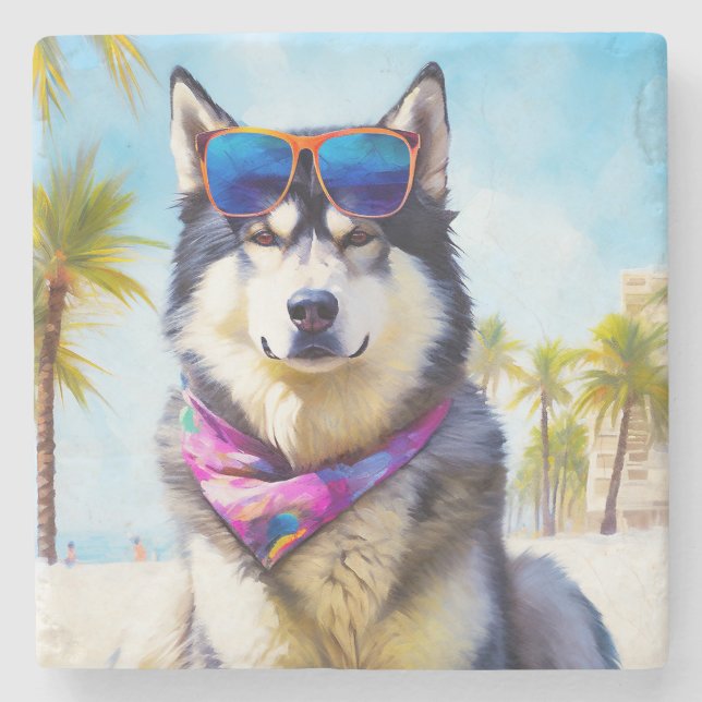 Alaskan Malamute on Beach, summer gift Stone Coaster (Front)