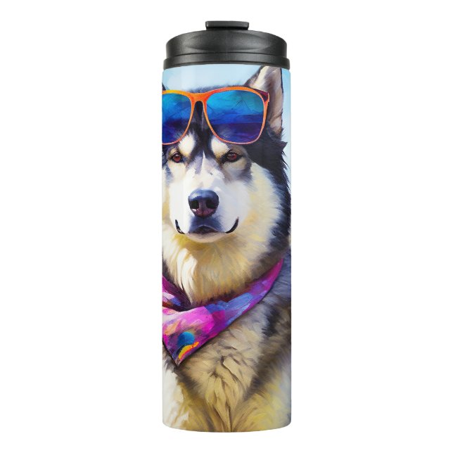 Alaskan Malamute on Beach, summer gift Thermal Tumbler (Front)