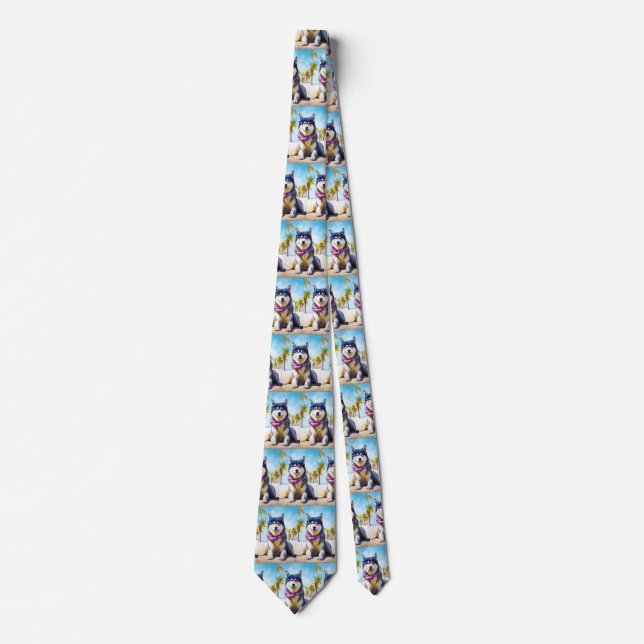 Alaskan Malamute on Beach, summer gift Tie (Front)