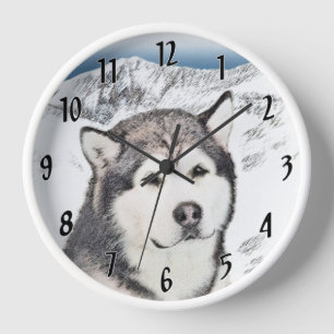 Alaskan Malamute Painting - Cute Original Dog Art Clock