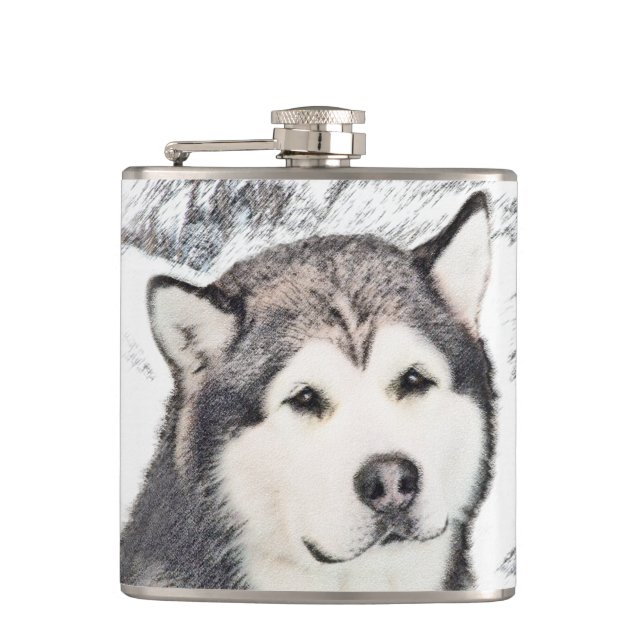 Alaskan Malamute Painting - Cute Original Dog Art Hip Flask (Front)