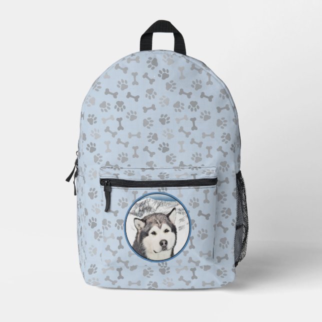Alaskan Malamute Painting - Cute Original Dog Art Printed Backpack (Front)