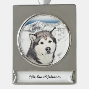 Alaskan Malamute Painting - Cute Original Dog Art Silver Plated Banner Ornament