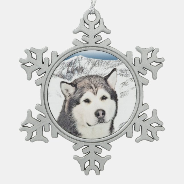 Alaskan Malamute Painting - Cute Original Dog Art Snowflake Pewter Christmas Ornament (Front)