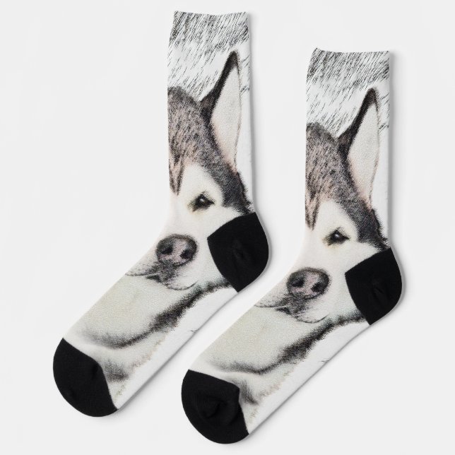 Alaskan Malamute Painting - Cute Original Dog Art Socks (Left)