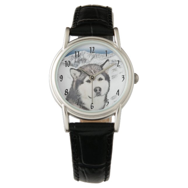 Alaskan Malamute Painting - Cute Original Dog Art Watch (Front)