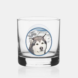Alaskan Malamute Painting - Cute Original Dog Art Whiskey Glass