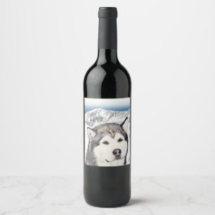 Alaskan Malamute Painting - Cute Original Dog Art Wine Label