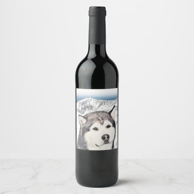 Alaskan Malamute Painting - Cute Original Dog Art Wine Label (Front)