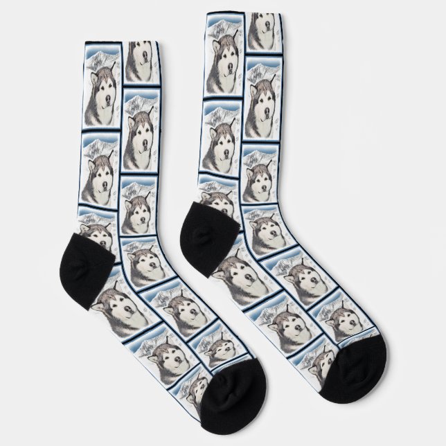 Alaskan Malamute Painting Mal Mally Sled Dog Art Socks (Right)
