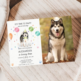 Alaskan Malamute Pawty Puppy Birthday Pink Photo Invitation